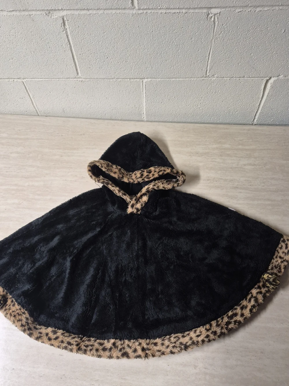 Kids Black Faux Fur Hooded Cape with Leopard Trim